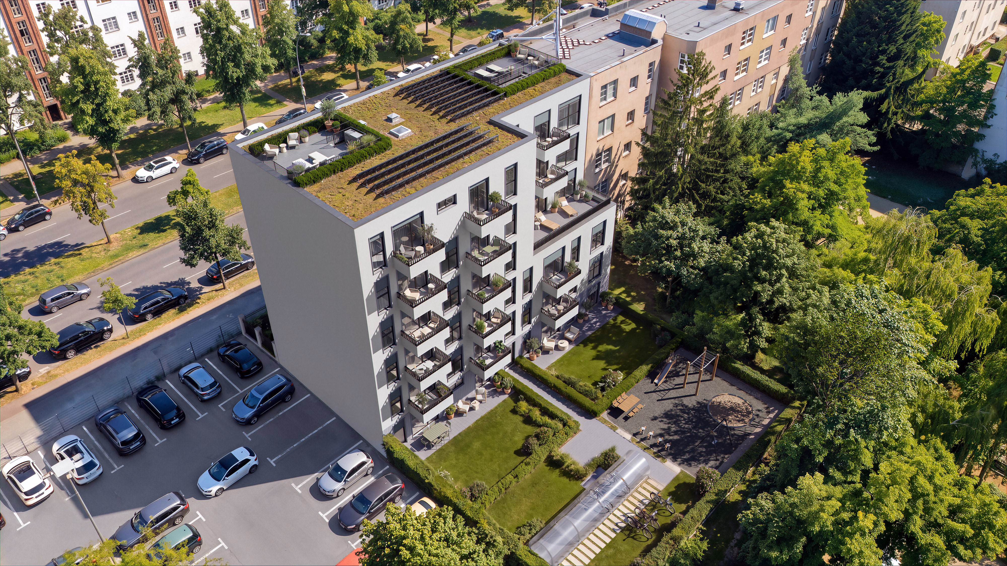 L2, Dachterrasse, Photovoltaik und Hof von oben