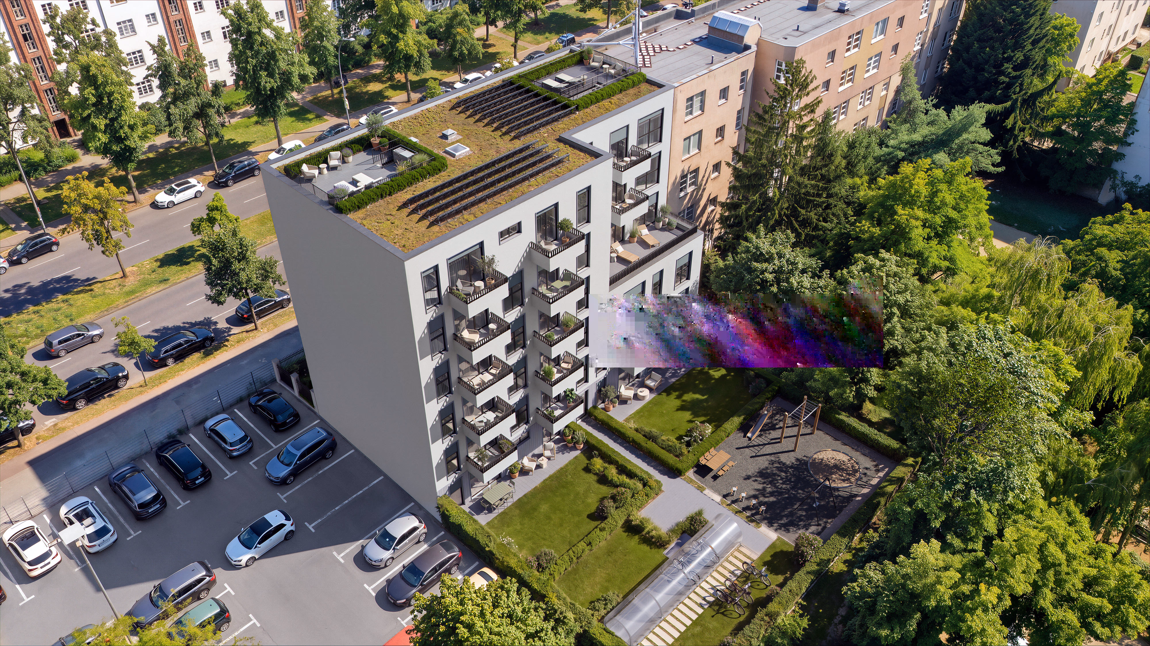 L12, Dachterrasse, Photovoltaik und Hof von oben